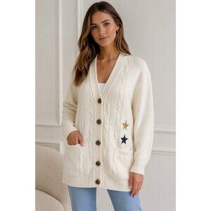 Iceberg Italia Cable Knit Cardigan Sweater Ivory Star Buttons Stars Size S